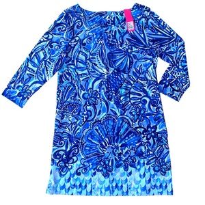 NWT Lilly Pulitzer Hollee Cotton 3/4 Sleeve Dress in Iris Blue & White Print XL